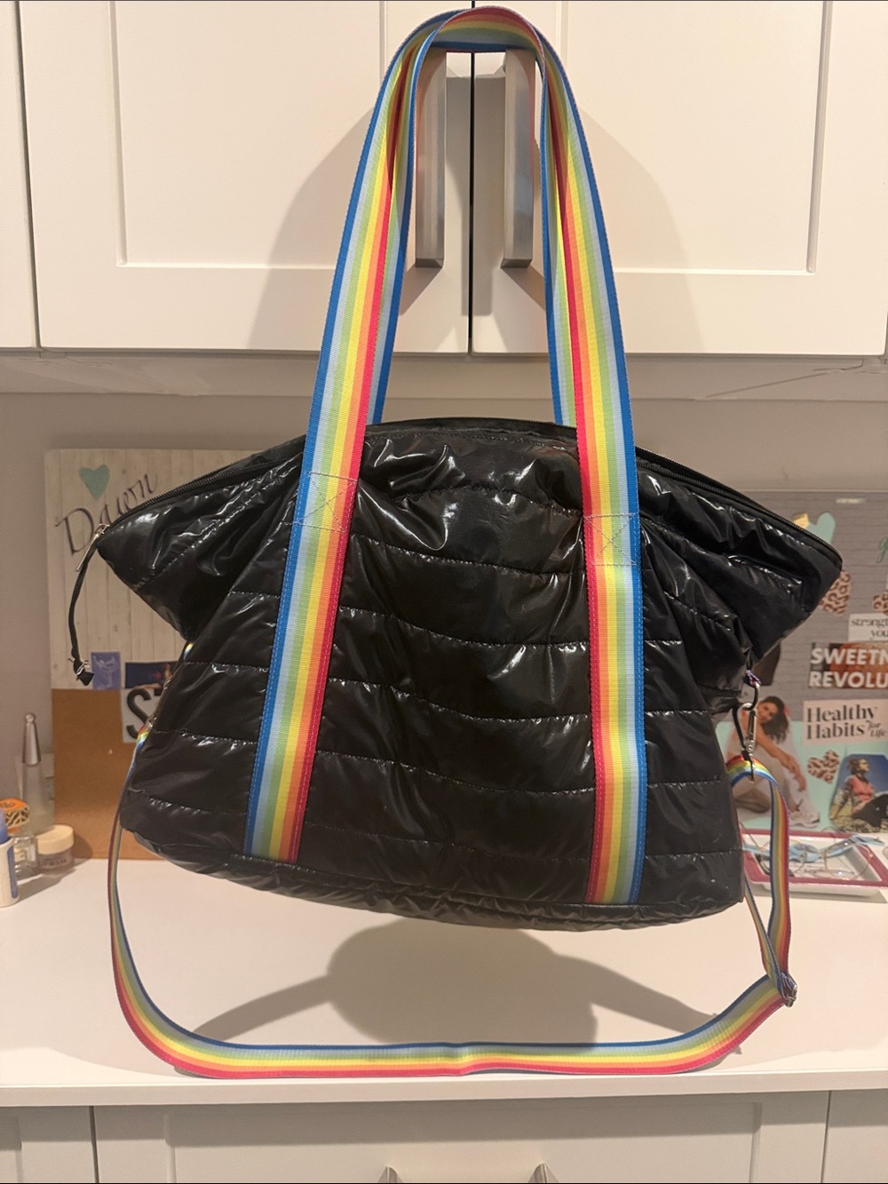 Black Quilted Tote Bag with Rainbow Straps TOP TRENZ ADORABLE BAG!